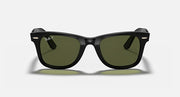 Ray-Ban Wayfarer sunglasses, black frame with dark green lenses, angled front view