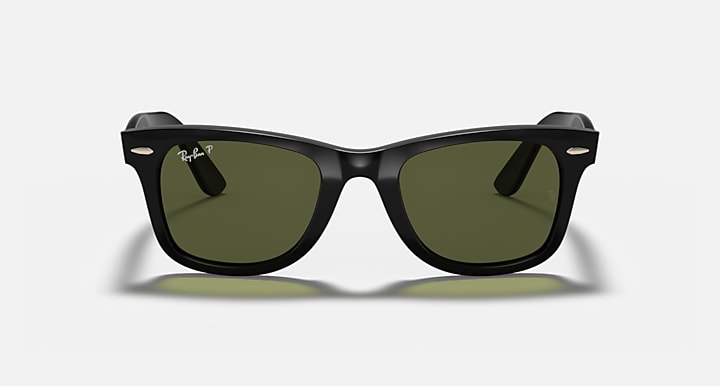 Ray-Ban Wayfarer sunglasses, black frame with dark green lenses, angled front view