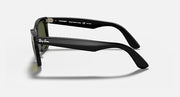 Ray-Ban Wayfarer sunglasses, black frame with dark green lenses, side profile view