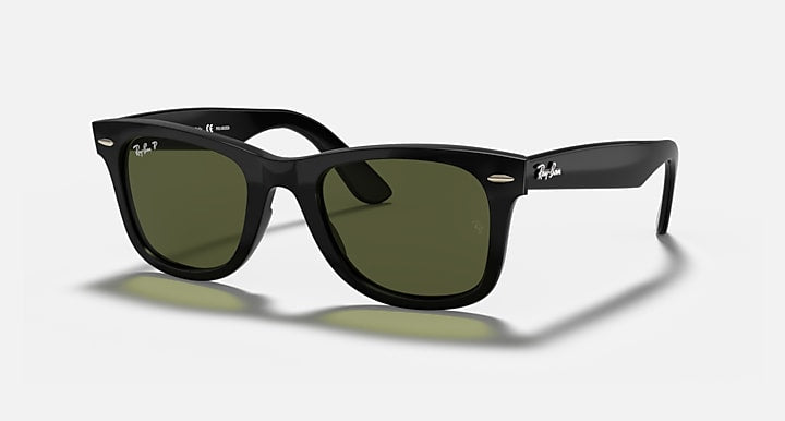 Ray-Ban Wayfarer sunglasses, black frame with dark green lenses, front view