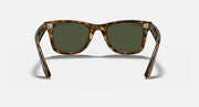 Ray-Ban Wayfarer sunglasses with dark green lenses and light Havana acetate frames