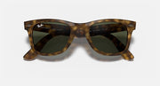 Ray-Ban Wayfarer sunglasses with dark gradient lenses and light Havana frames