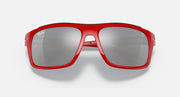 Red aviator-style sunglasses with gray mirrored lenses