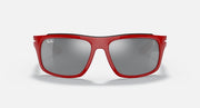 Red square aviator-style sunglasses with dark gray lenses