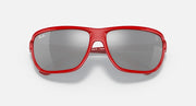 Red aviator sunglasses top view with dark gray lenses and brand-marked temple