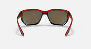 Ray-Ban RB4366M sunglasses, red frame, dark mirrored lenses, black bridge and temples.