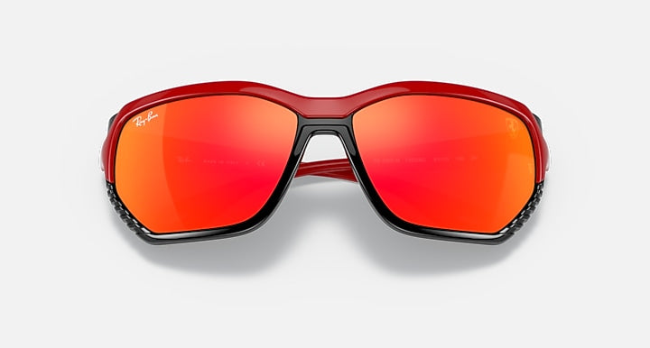 Ray-Ban RB4366M sunglasses, red frames, orange-red mirrored lenses, black accents.