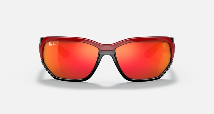 Ray-Ban RB4366M sunglasses, red frames, red mirrored lenses, black bridge and temples.