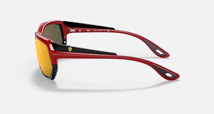 Ray-Ban RB4366M sunglasses, side view, red frame with black temples, orange mirrored lens.