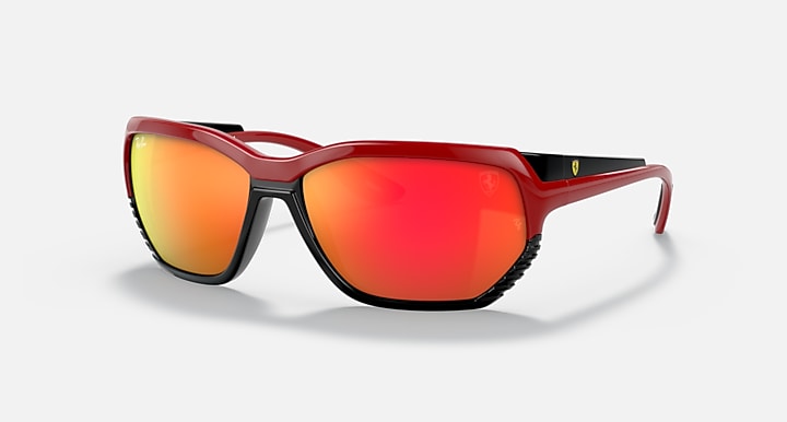 Ray-Ban RB4366M sunglasses, red frames, red-orange mirrored lenses, black details.
