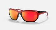 Ray-Ban RB4366M sunglasses, red frames, red-orange mirrored lenses, black details.