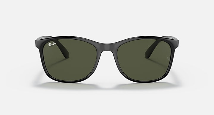 Ray-Ban RB4374 sunglasses, dark frame with green lenses, straight-on view