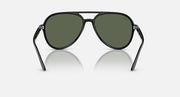 Sunglasses with dark frame and dark green lenses, front view with arm details