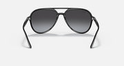 Ray-Ban aviator sunglasses with dark grey lenses and black metal frame.