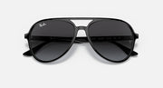 Ray-Ban aviator sunglasses with black frame and dark grey mirrored lenses.