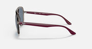 Ray-Ban aviator sunglasses with maroon frame and dark blue tinted lenses.