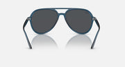 Ray-Ban aviator sunglasses with dark gray lenses and blue frame, front view.