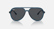 Ray-Ban aviator sunglasses with dark gray lenses and blue frame, straight front view.