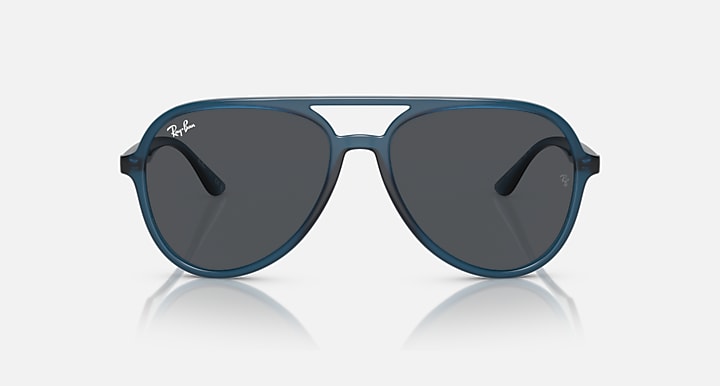 Ray-Ban aviator sunglasses with dark gray lenses and blue frame, straight front view.
