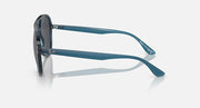 Ray-Ban aviator sunglasses with dark gray lenses, blue temple arms and side profile.