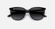 Black frame sunglasses with very dark lenses, rounded cat-eye profile