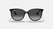 Black frame sunglasses with dark gray lenses, rounded top view