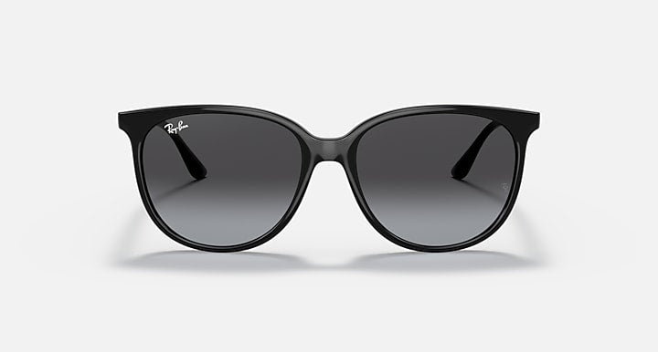 Black frame sunglasses with dark gray lenses, rounded top view
