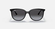 Black cat-eye sunglasses with dark lenses and Ray-Ban logo on temple