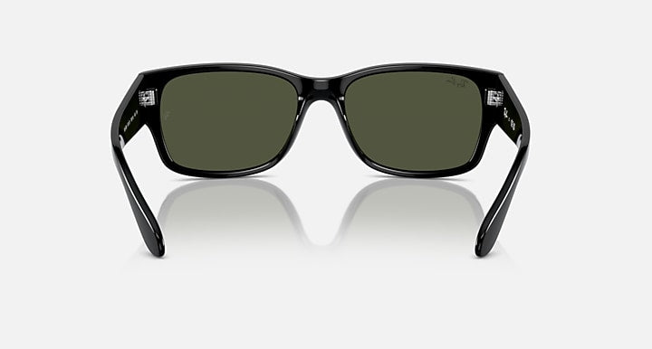Black full-rim sunglasses with dark green lenses, straight-on front view