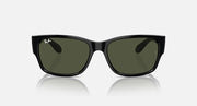Black square sunglasses with dark green lenses and Ray-Ban logo on temples