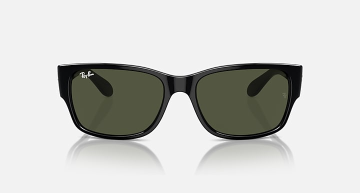 Black square sunglasses with dark green lenses and Ray-Ban logo on temples