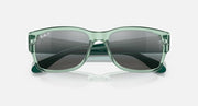 Ray-Ban RB4388 sunglasses with transparent green frame and dark tinted lenses front view