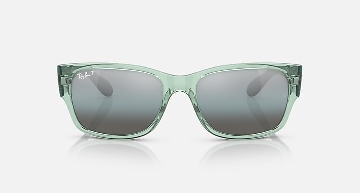Ray-Ban RB4388 square sunglasses with transparent green frame and dark tinted lenses