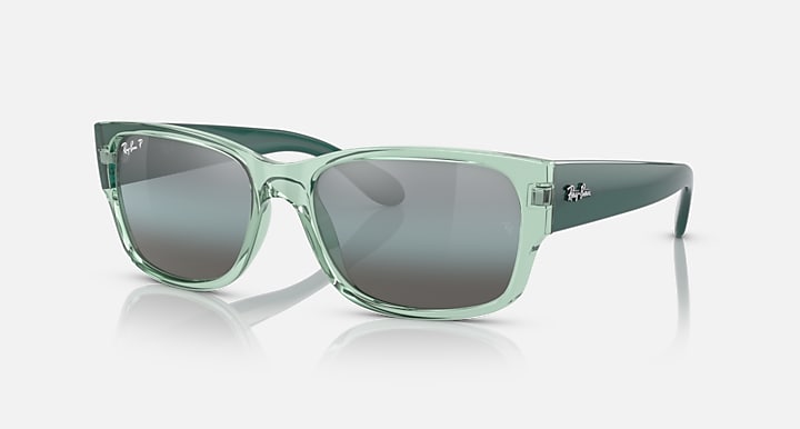 Ray-Ban RB4388 rectangular sunglasses with transparent green frame and dark tinted lenses