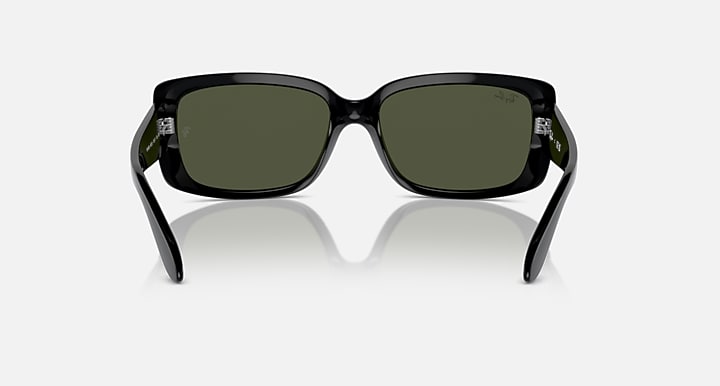 Ray-Ban sunglasses front view with black frames and dark green lenses.
