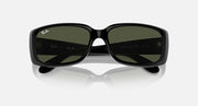 Ray-Ban sunglasses with dark lenses in black frames, front view.