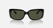 Ray-Ban sunglasses with black frames and dark green oval lenses.