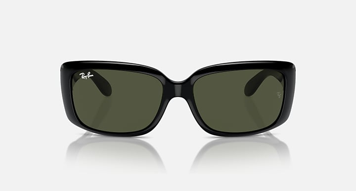Ray-Ban sunglasses with black frames and dark green oval lenses.