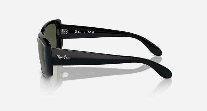 Ray-Ban sunglasses side view with black frames and dark lenses.