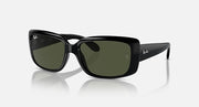 Ray-Ban sunglasses with black rectangular frames and dark green lenses.