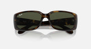Havana brown sunglasses with dark green lenses, slight angle