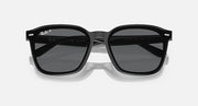 Ray-Ban black square sunglasses with gray lenses, angled view of frame and temples