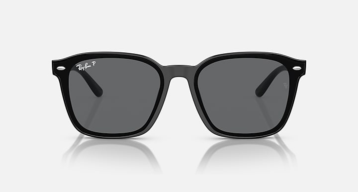 Ray-Ban black square sunglasses with gray lenses, centered front view and curved frame