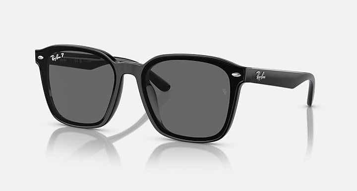 Ray-Ban RB4392D black square sunglasses with gray lenses, glossy frame and logo hinges