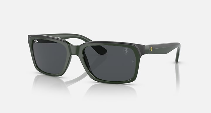 Ray-Ban RB4393M dark grey lenses green square sunglasses with full-rim frame