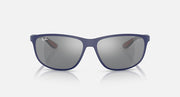 Ray-Ban RB4394M sunglasses, matte blue frame with grey mirrored lenses