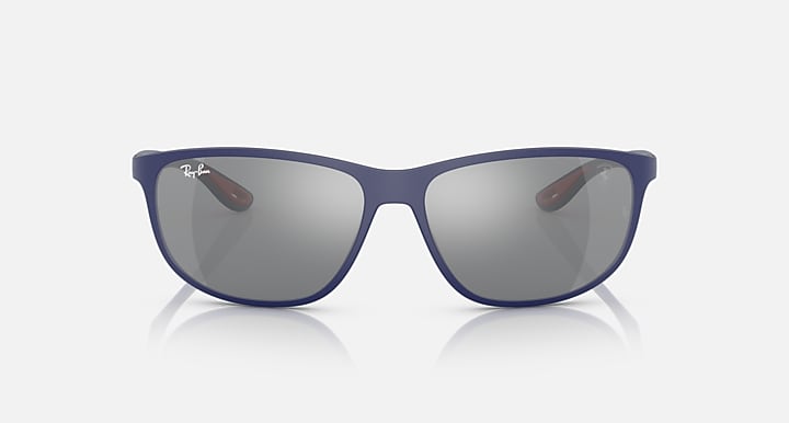 Ray-Ban RB4394M sunglasses, matte blue frame with grey mirrored lenses
