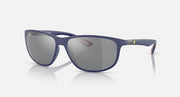 Ray-Ban RB4394M sunglasses, matte blue frame with dark grey mirrored lenses