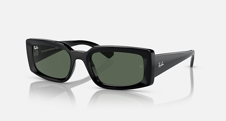 Black rectangular sunglasses with dark green lenses and glossy frame