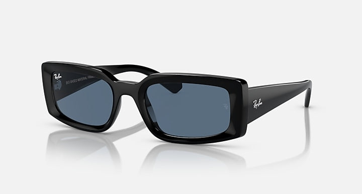 Black square sunglasses with dark blue lenses and slim metal arms